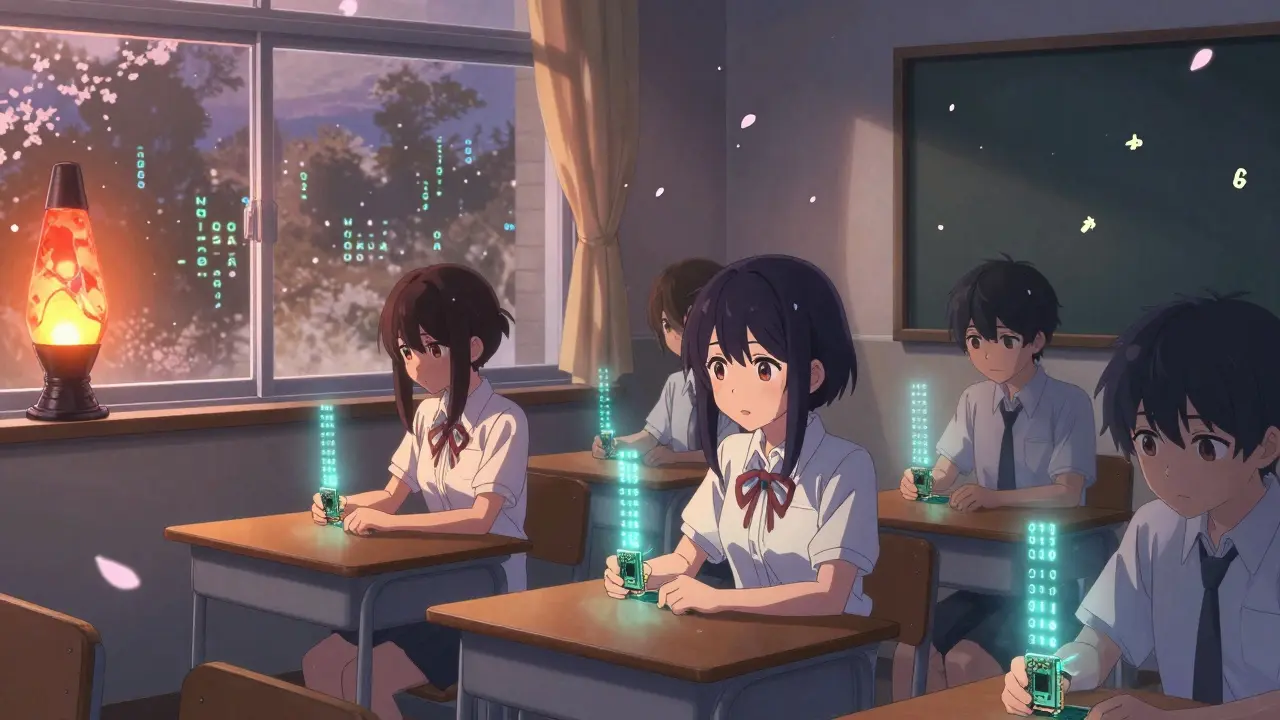 Students in a classroom see their Raspberry Pis generate duplicate keys, while a lava lamp casts cryptographic shadows.