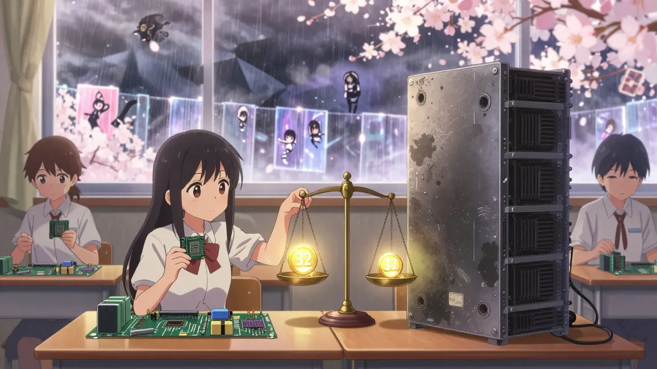 Students on circuit board desks compare staked ETH to a physical mining rig, while fake identities swirl outside.