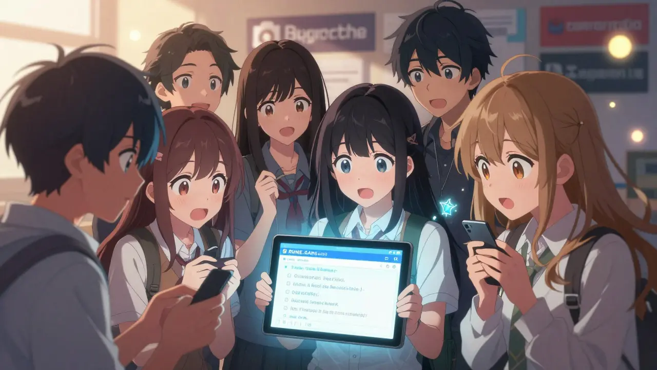 Teens excitedly check off airdrop tasks on a glowing tablet surrounded by digital icons.