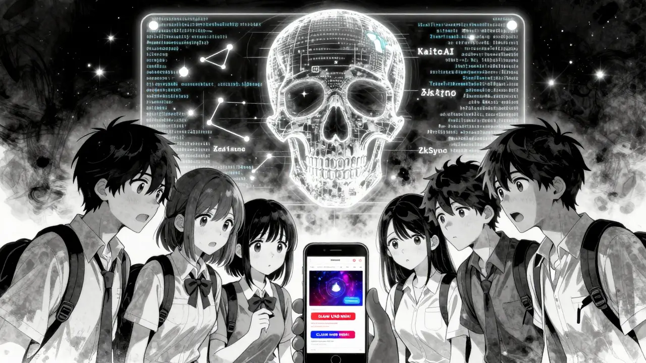 Teens excitedly viewing a fake airdrop site, with real projects shining above like stars.