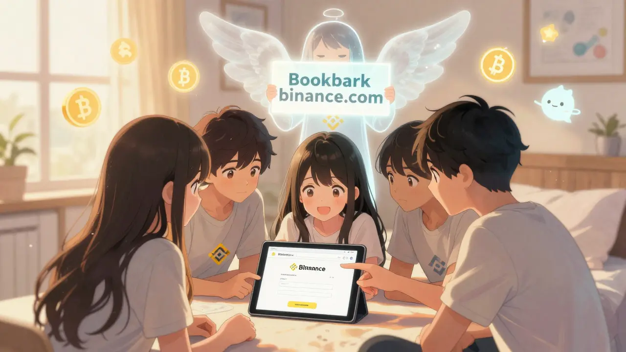 Teens gathered around a tablet, a guardian figure holding 'Bookmark binance.com' as crypto tokens float like spirits above them.