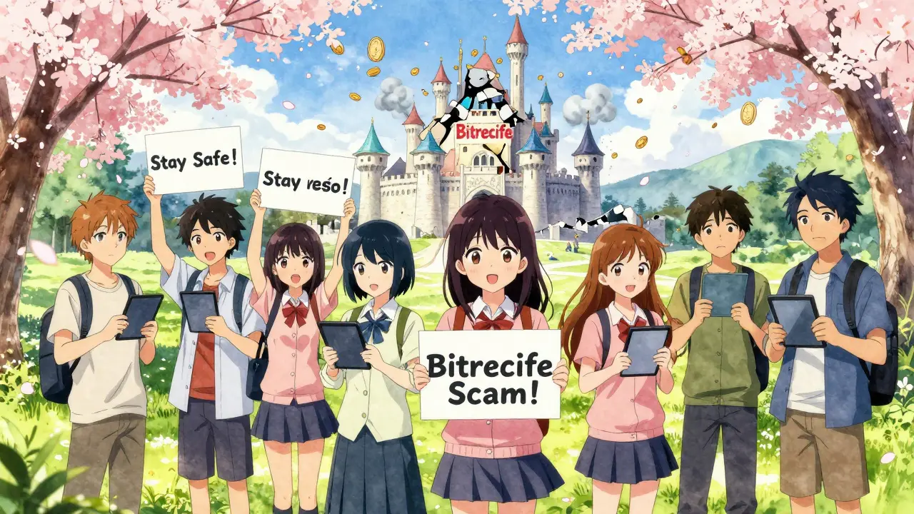 Teens raising awareness about crypto scams as a fake exchange crumbles behind them.