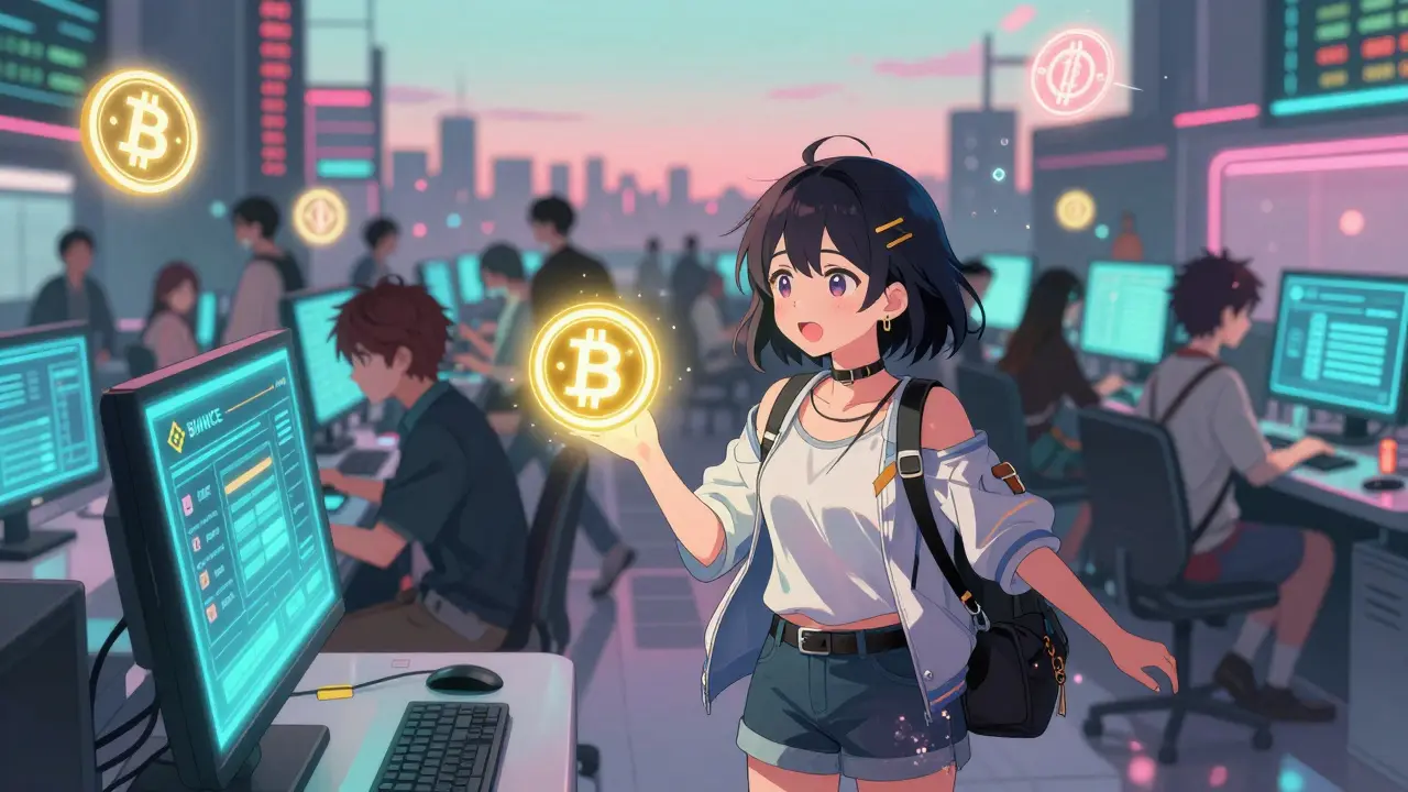 Teens trade altcoins on glowing terminals in a neon-lit global crypto floor, BNB tokens floating like magic.
