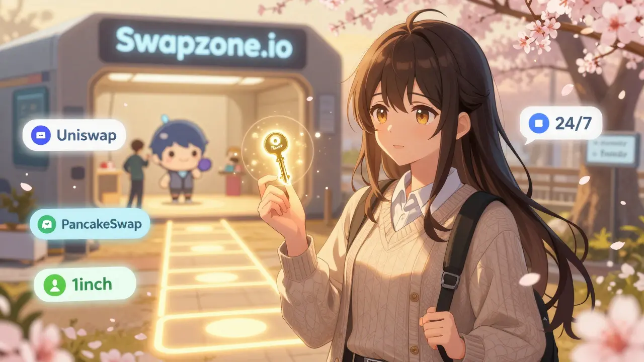 The girl now stands confidently before a warm digital hub with glowing pathways to trusted crypto exchanges.