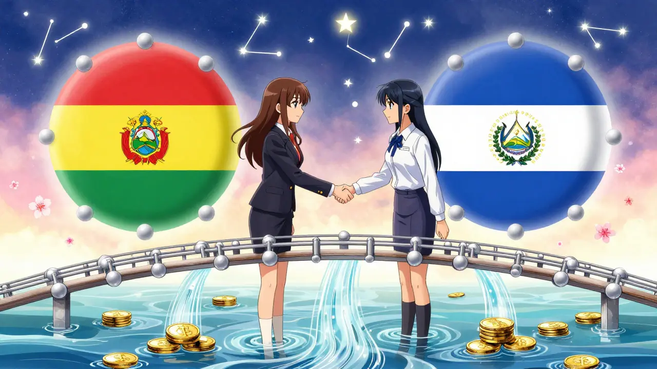 Two female regulators shaking hands on a blockchain bridge connecting Bolivia and El Salvador, stablecoins flowing beneath them.