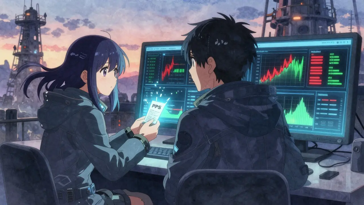 Two miners gaze at glowing dashboards showing PPS and PPLNS payment systems in soft pastel light.