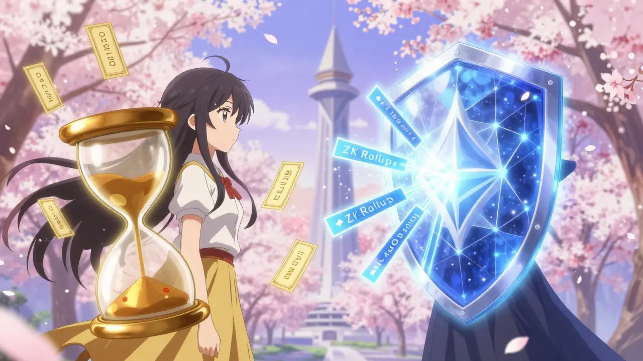 Two mystical guardians representing Optimistic and ZK Rollups in a peaceful duel with mathematical proofs and hourglasses.