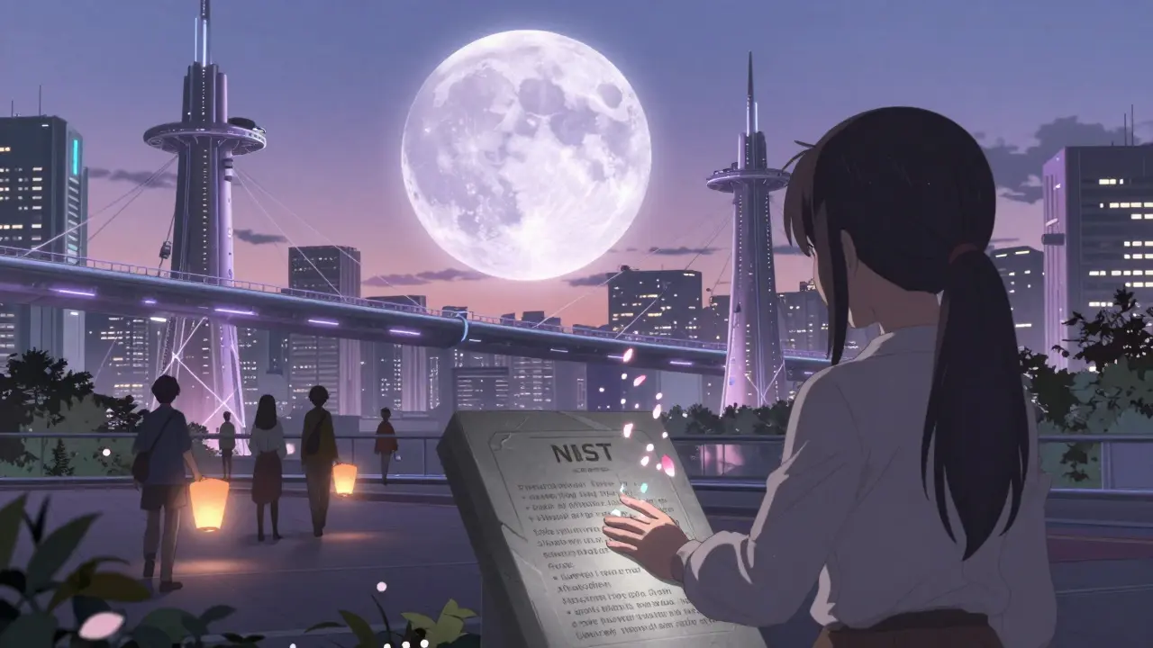 A city lit by CELL token moonlight, citizens walk under quantum-resistant towers linked by glowing bridges.