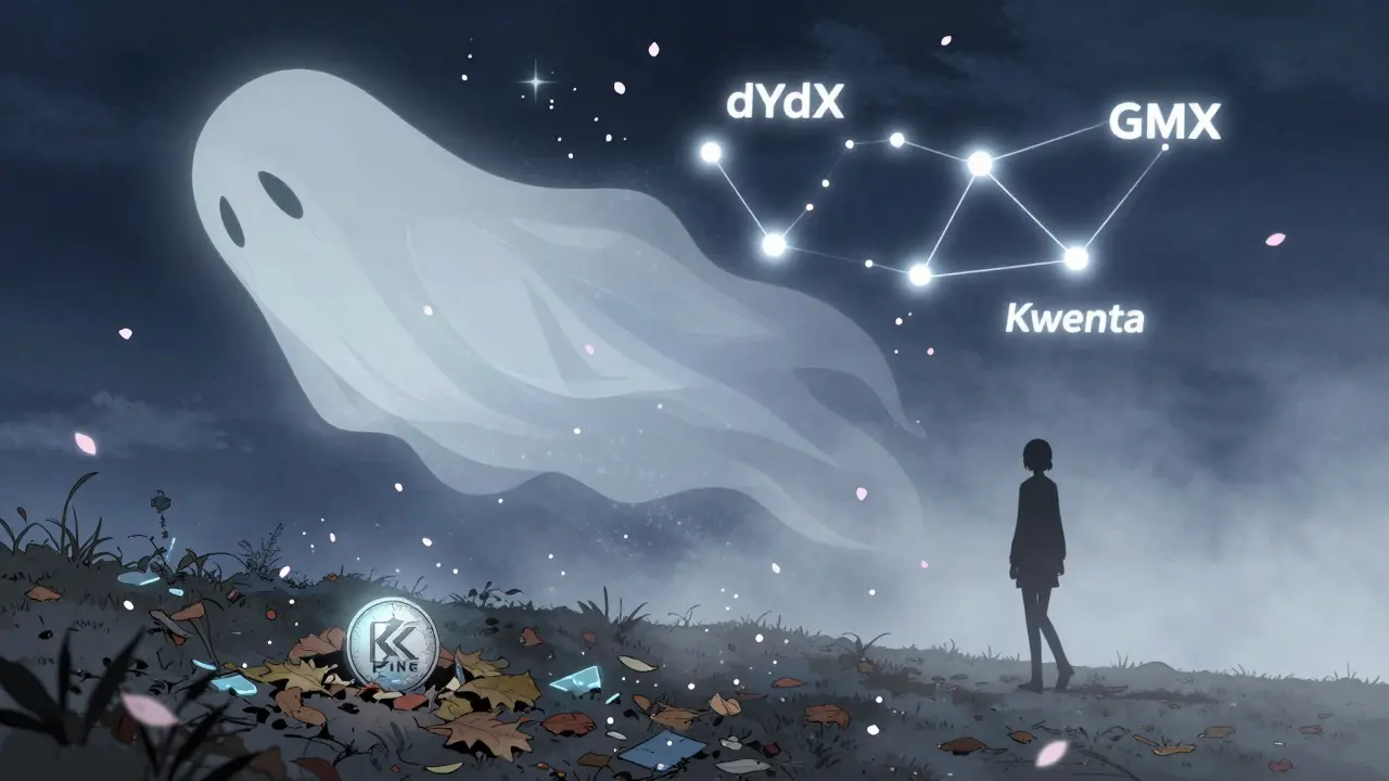 A ghostly KINE logo dissolves in the sky while other crypto logos shine above a forgotten token.