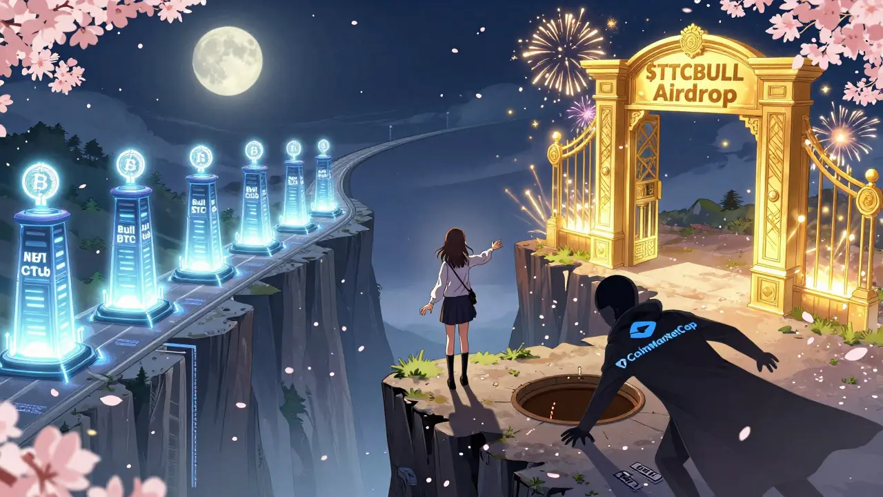 A girl choosing between a Bitcoin mining path and a token airdrop gate, rejecting a fake CoinMarketCap trap.