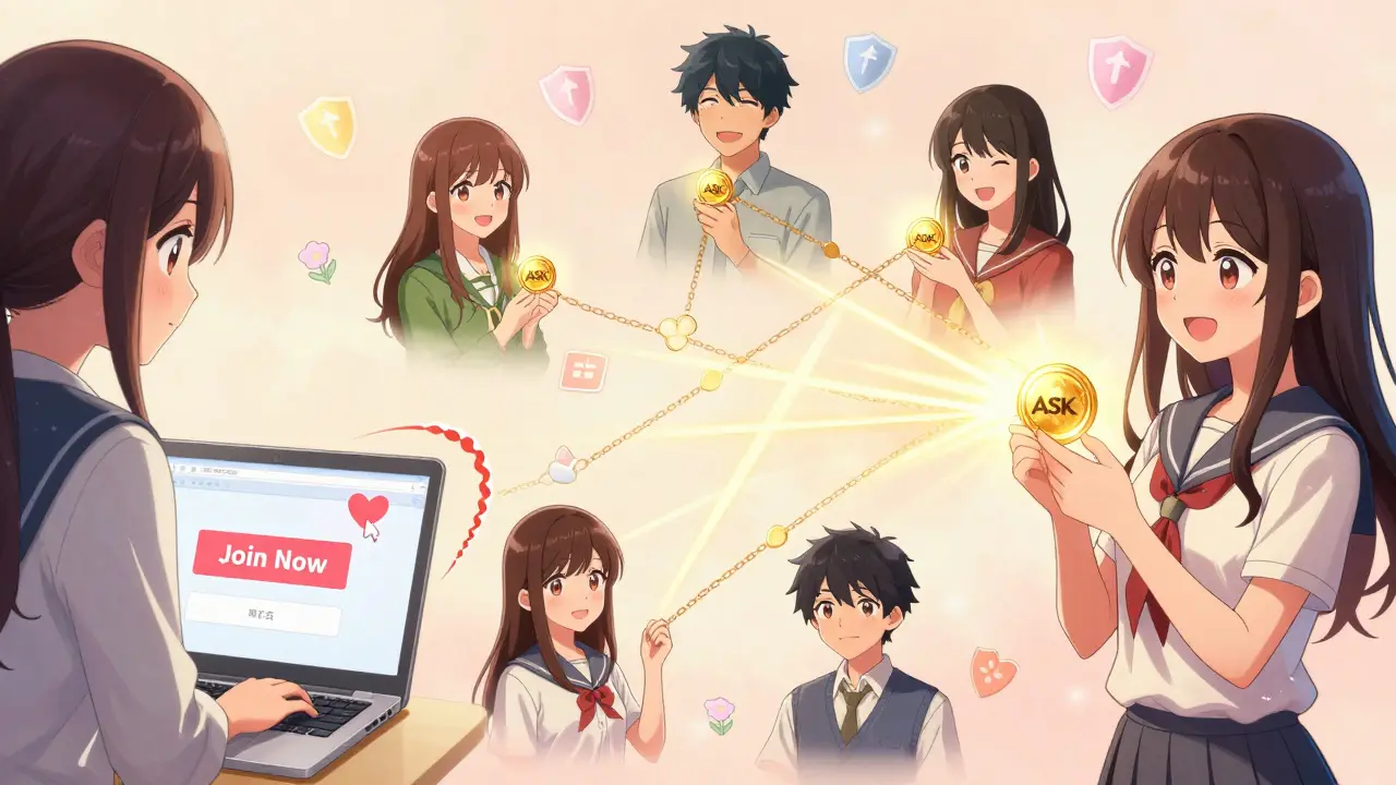 A girl connects with friends worldwide through glowing referral links and ASK tokens.