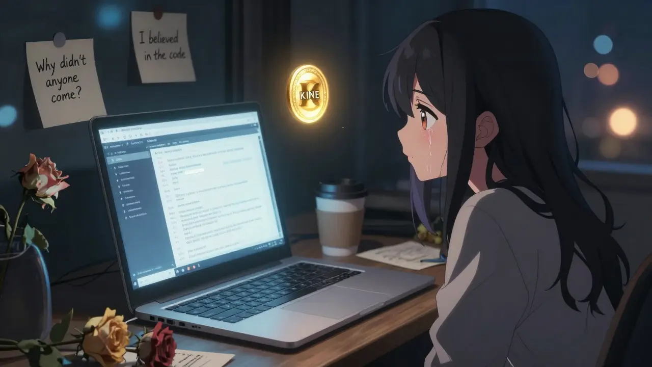 A girl gazes at a frozen Kine Exchange screen, surrounded by wilted flowers and empty cups.