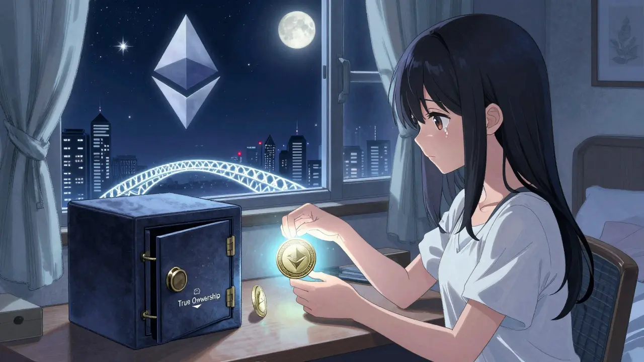 A girl places native ETH in a safe as a fading WETH token hovers above her desk under a starry Ethereum sky.