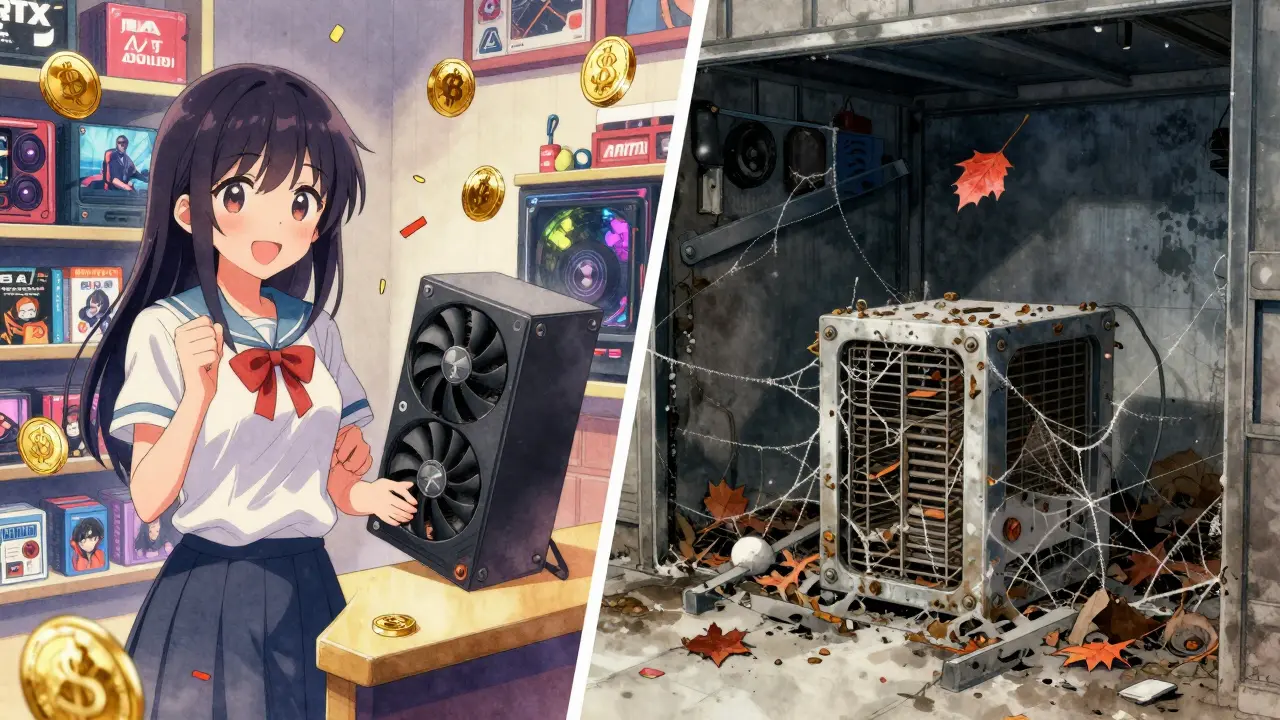 A girl selling a GPU to a gamer, while an old ASIC gathers dust in a dark garage.