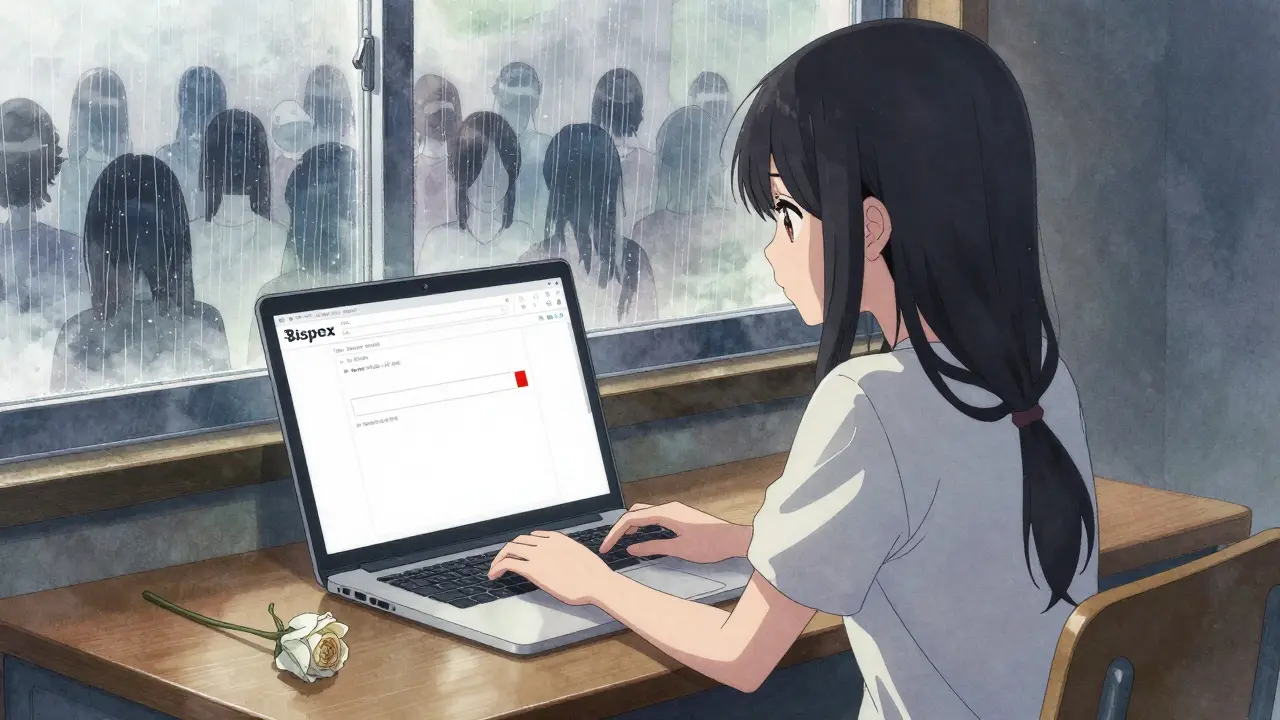 A girl sitting alone at a desk, staring at a silent Bispex website with a blinking warning icon.
