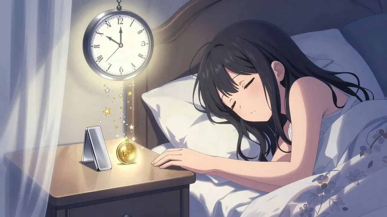 A girl sleeps peacefully as golden and silver stars gently rain yield onto her wallet, illuminated by moonlight in shoujo manga style.