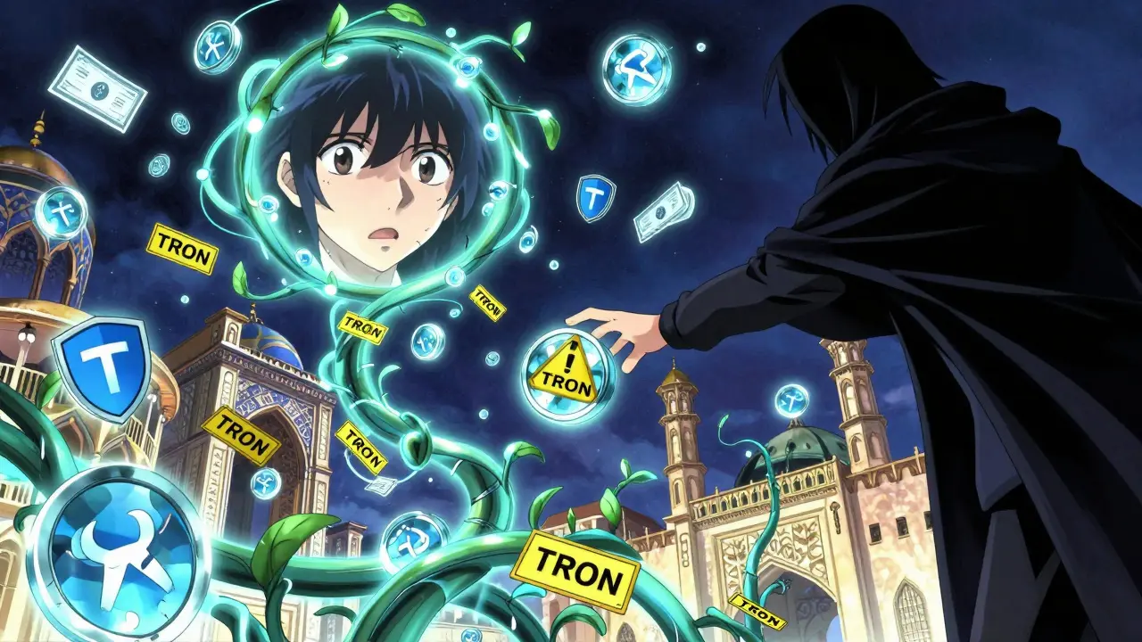 A glowing TRON blockchain vine winds through an Iranian city, with warning tags and a shadowy figure reaching to seize a wallet.