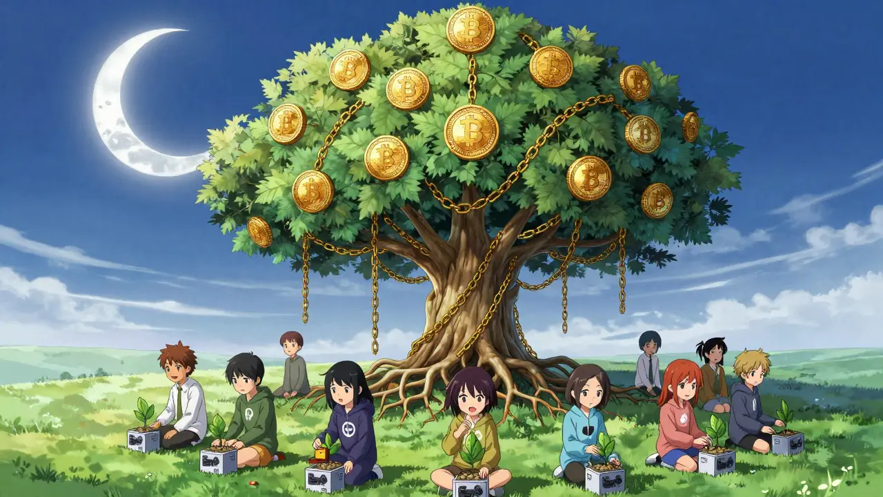 A golden tree made of XDAG coins grows under a halving moon, while children plant wallets and mining rigs beneath it.