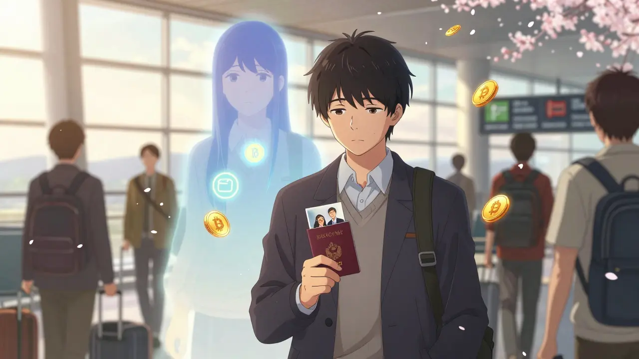 A person at an airport watches their crypto identity fade away as digital yuan coins swirl around them.