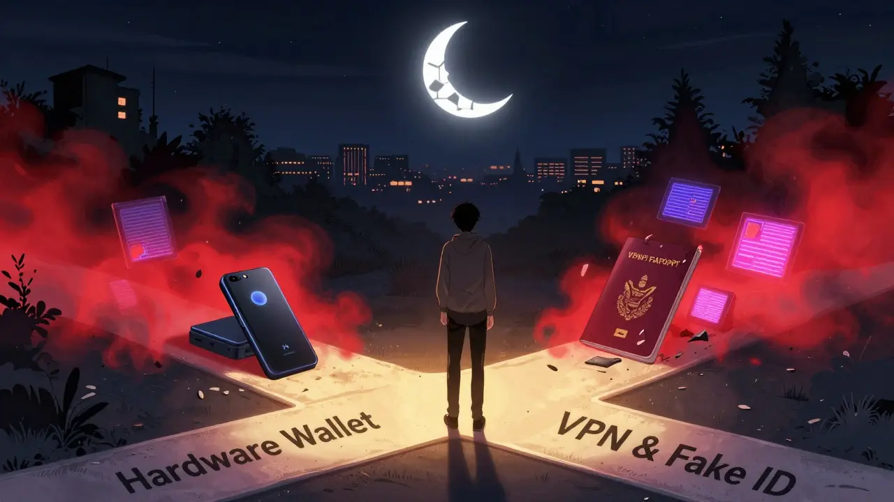 A person stands at a crossroads: one path leads to a safe hardware wallet, the other to dangerous fake IDs and flickering screens.