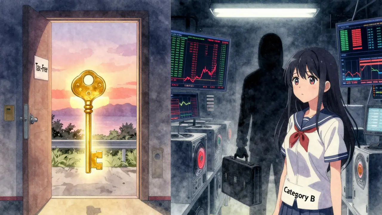 A split scene showing a golden key unlocking tax-free crypto holding on one side and chaotic trading on the other.