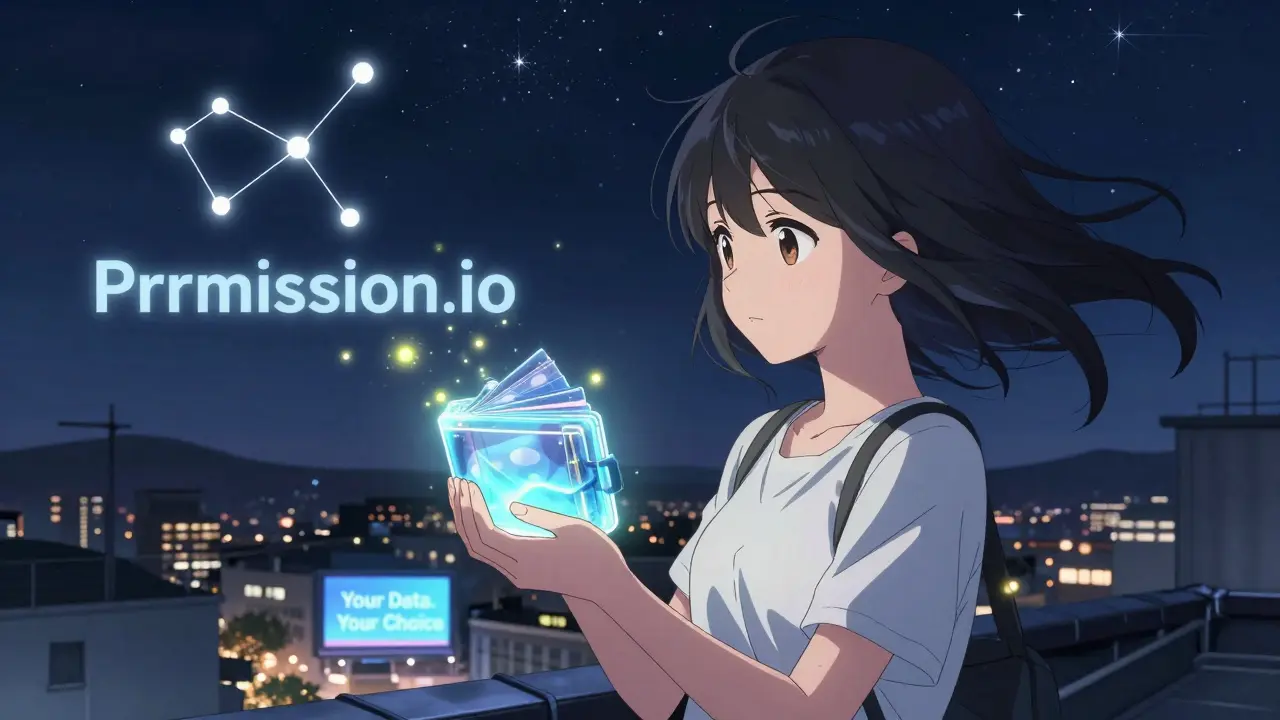 A teen holds a holographic ASK wallet under a starry sky shaped like the Permission.io logo.