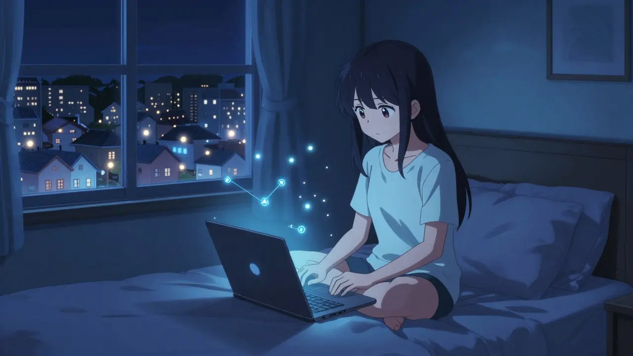 A teen mines XDAG on her laptop at night, surrounded by floating star-like nodes and a twinkling city below.