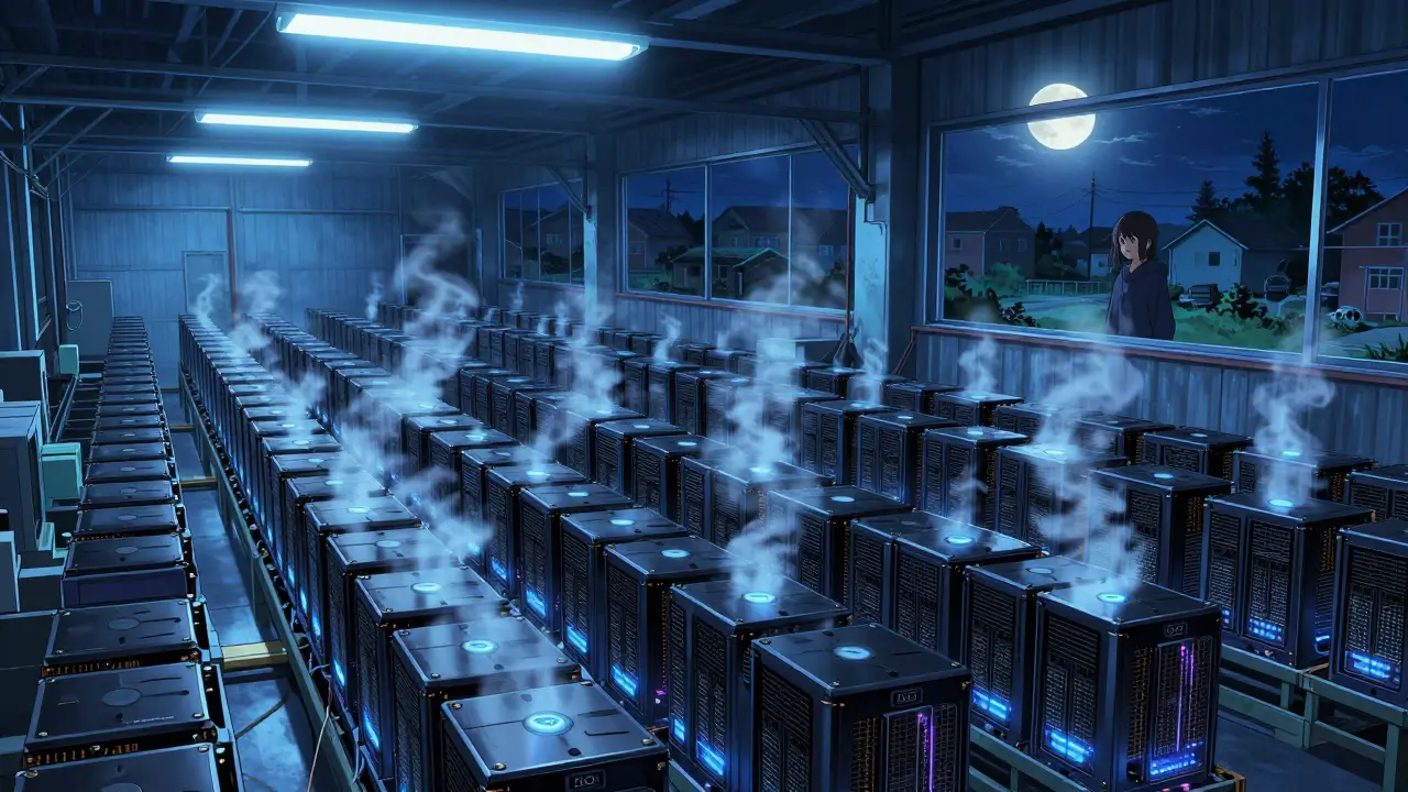 A vast warehouse of humming ASIC miners under cold lights, a solitary figure watching from afar.