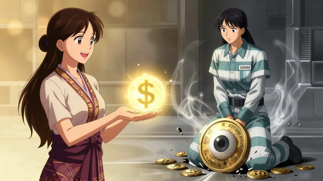 A woman receives crypto from abroad, then imprisoned as a giant digital kyat coin crushes her wallet.