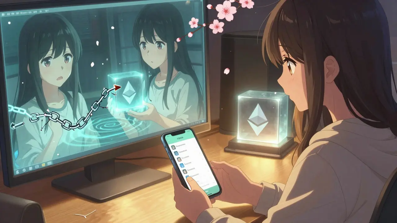 A young developer watches a Bitcoin transaction confirm, with two versions of herself reflecting anxiety and calm between reorg and finality.