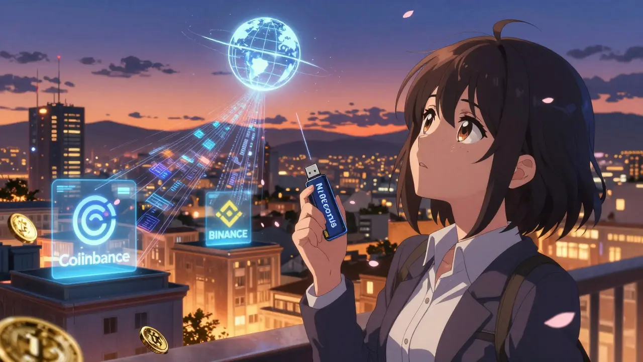 A young investor watches holographic exchange data flow toward a tax authority orb in a futuristic Lisbon skyline.