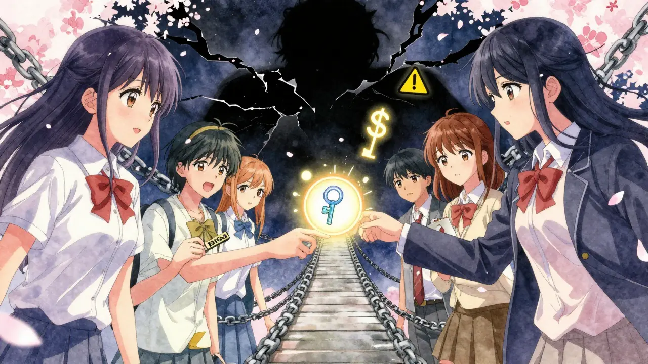 Characters pass wrapped tokens across a glowing bridge, with a crack splitting the path and warning symbols flickering.