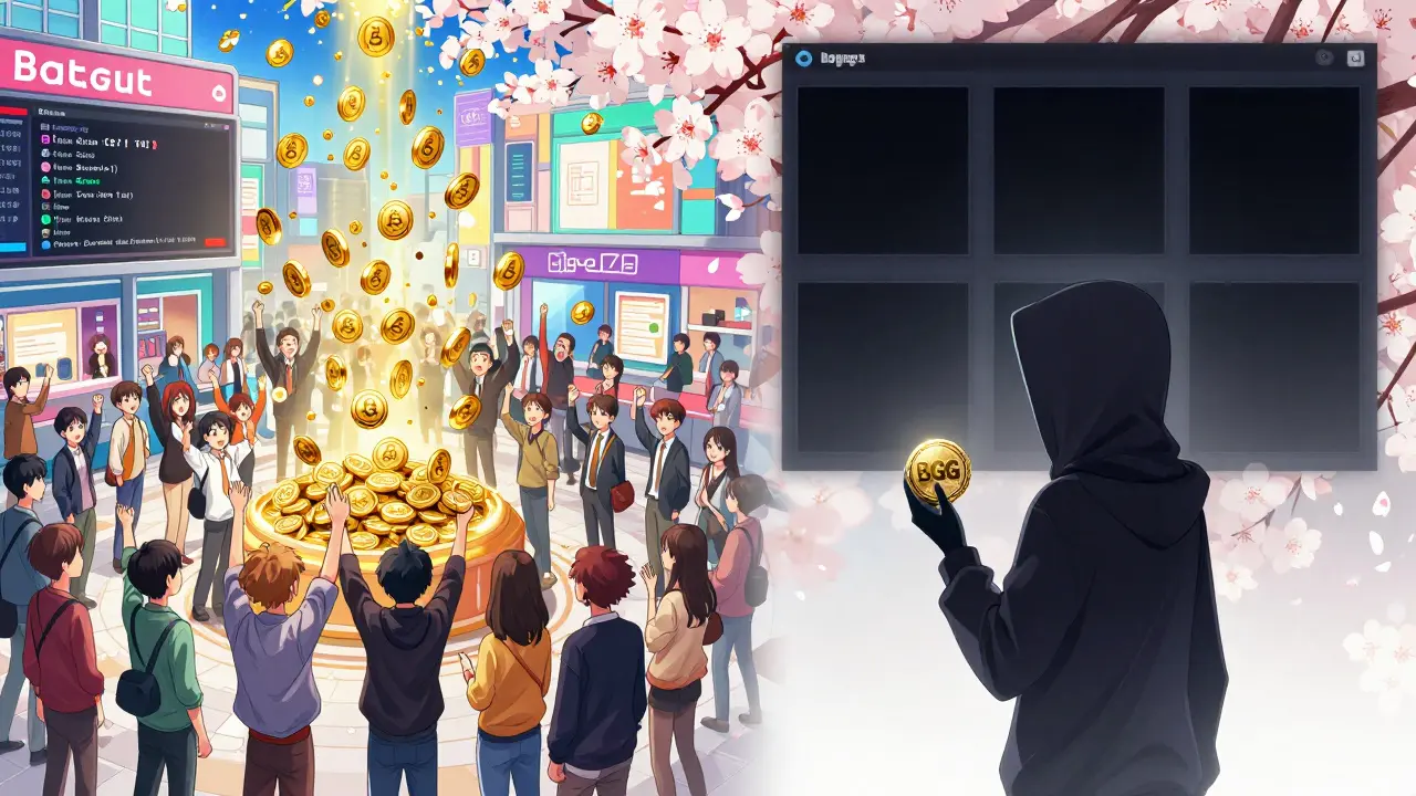 Contrasting vibrant active exchange with a ghostly, empty Bgogo interface, separated by fading blossoms.