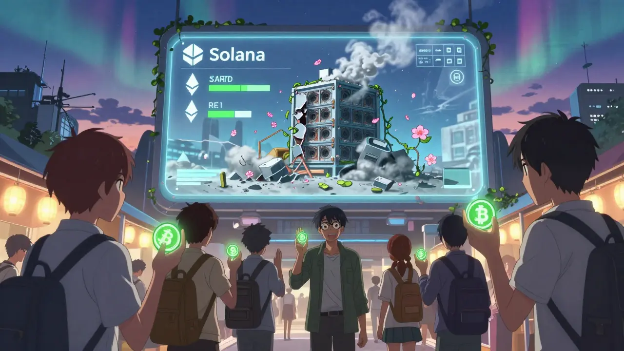 Diverse people exchange green digital tokens in a futuristic market, while a crumbling Bitcoin rig fades behind glowing sustainability graphs.