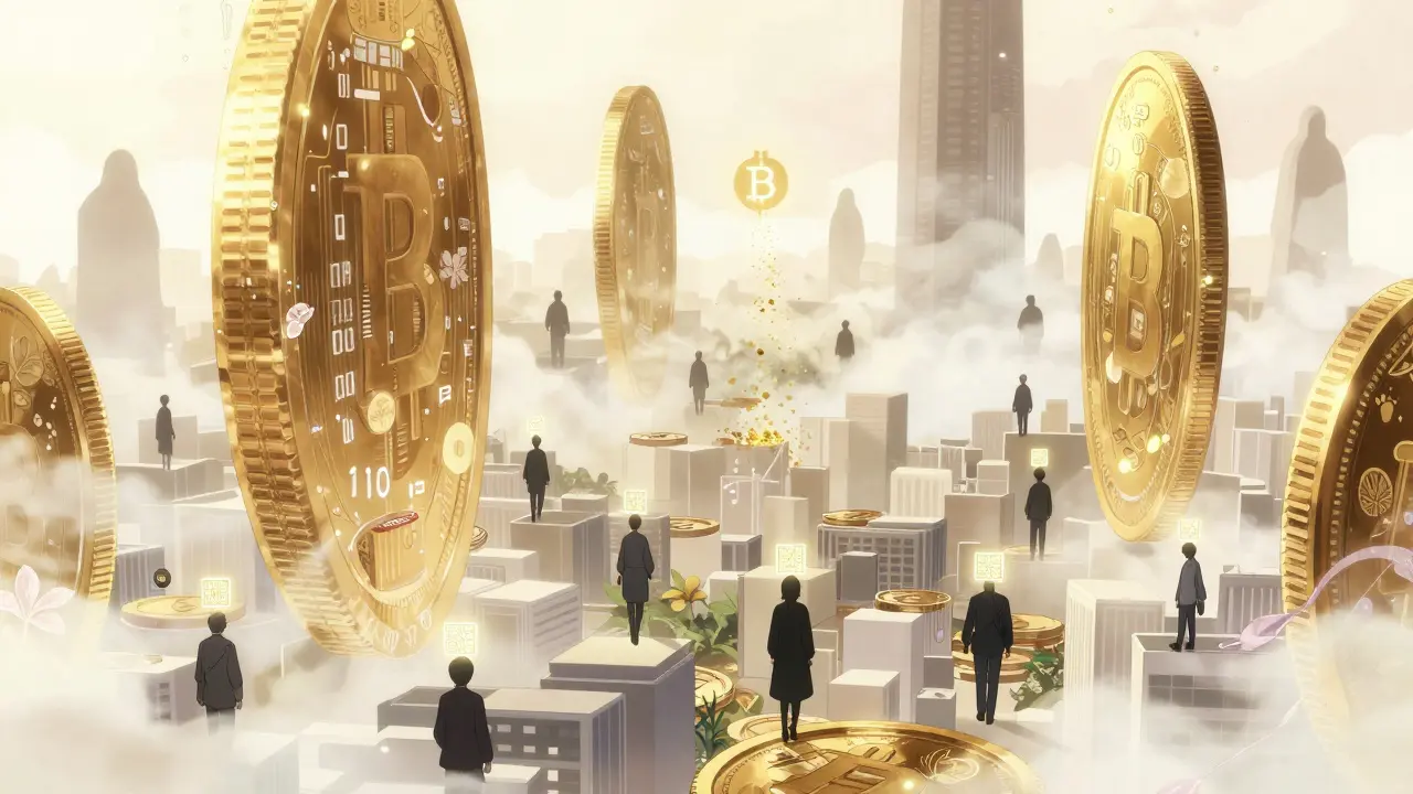 Giant digital yuan coins tower over a silent city as a fading Bitcoin dissolves into golden dust.