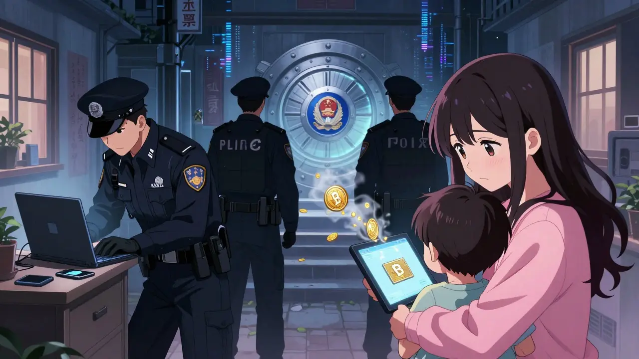 Police seize a child's crypto wallet in a quiet home, golden coins dissolving into a government vault.