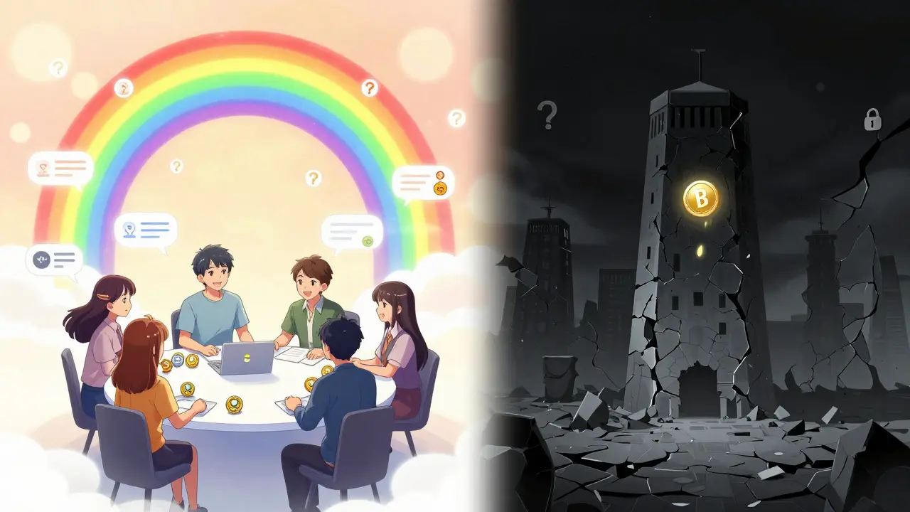 Split scene: vibrant Polymarket community vs. a crumbling Bispex tower in darkness.