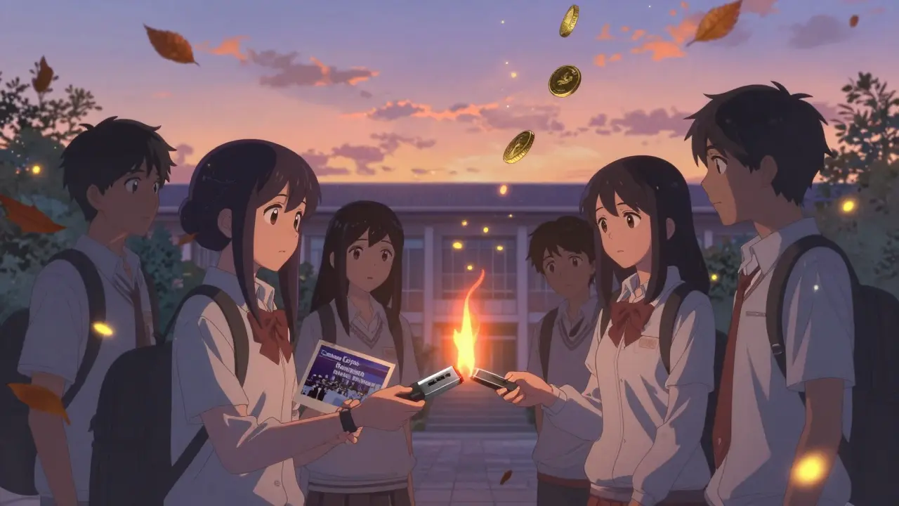 Students burning a USB drive labeled 'Crypto Research' as ghostly coins fade in the dusk sky.
