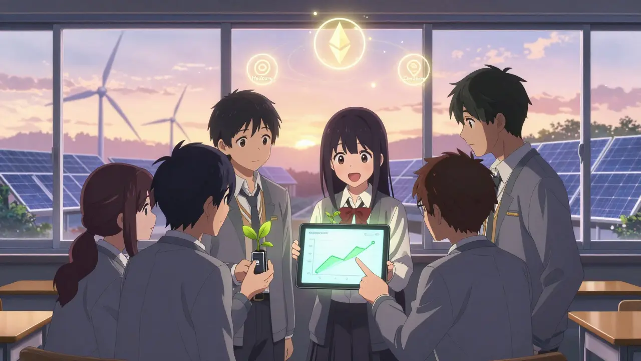 Students study a blockchain carbon audit with a sapling growing from a USB drive, under a skyline of renewable energy and floating crypto icons.