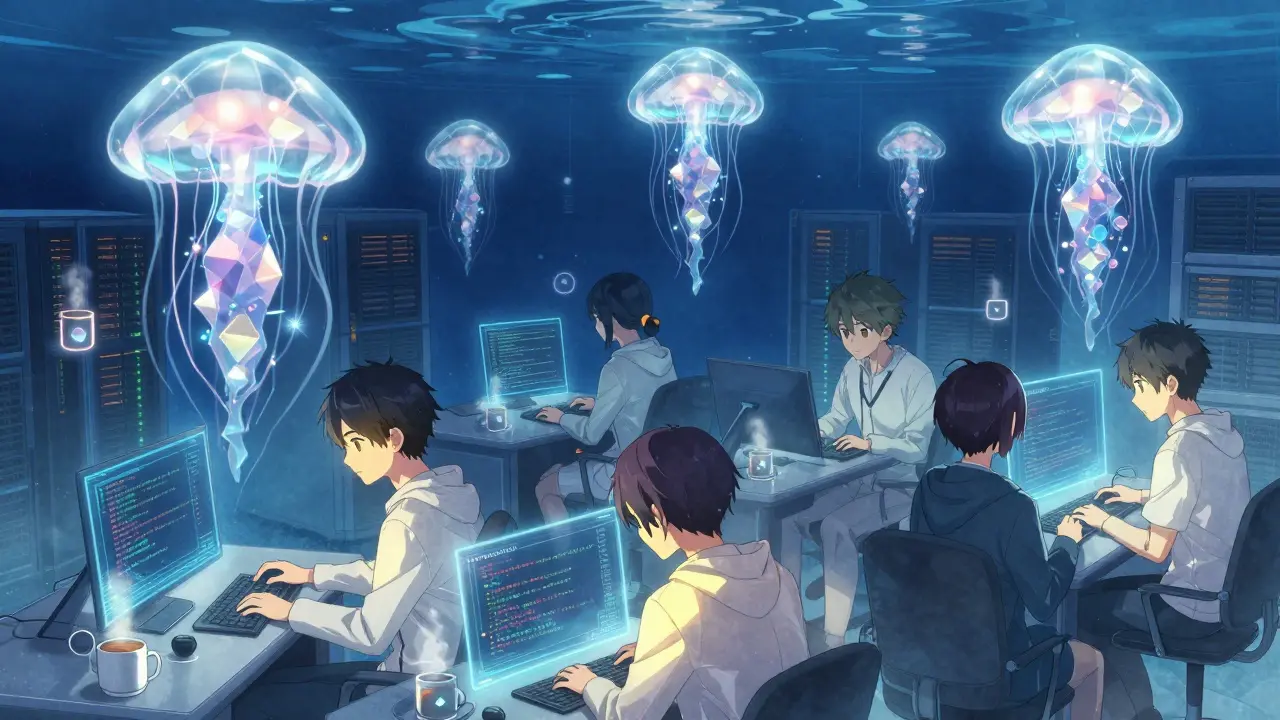 Teen developers code on holograms inside a glowing Cell server chamber, tea mugs beside floating quantum symbols.