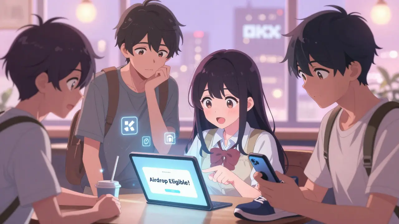 Teens in a café excitedly checking a 3D scanning notification with holographic exchange logos nearby.