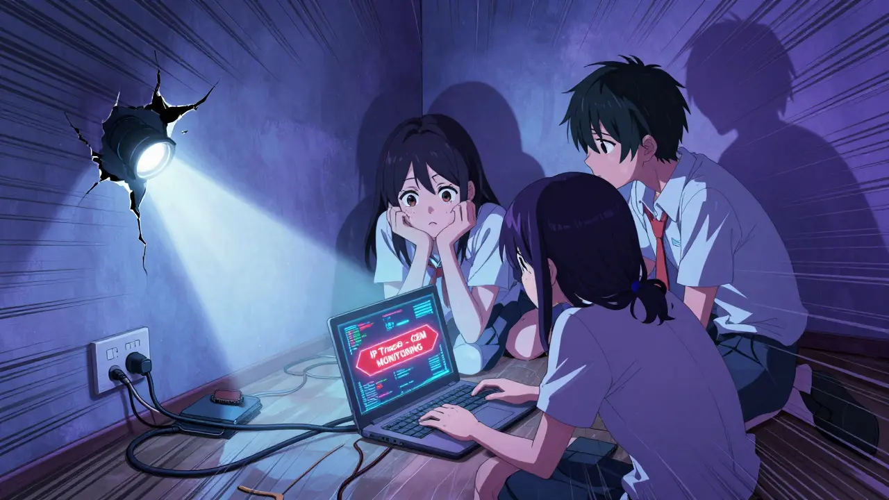 Teens mine crypto in a hidden basement as a police flashlight glows through a wall crack.