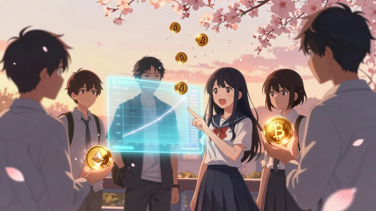 Teens watching a Bitcoin price chart soar to 0,000 as glowing $BTCBULL tokens rain down like petals.