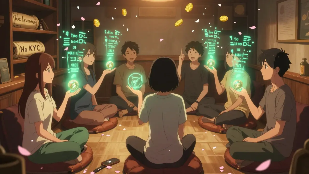 Traders in a cozy lounge celebrating with glowing FOX tokens and staking rewards blooming like flowers.