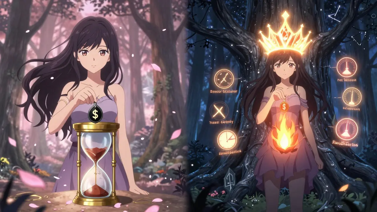 Two girls choosing between time-based lock and eternal burn in a mystical forest of tokens.