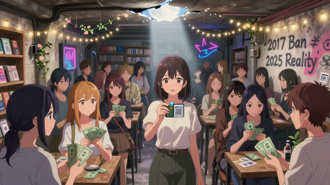 Young people exchanging crypto cash in a hidden basement meetup, fairy lights and graffiti surrounding them.