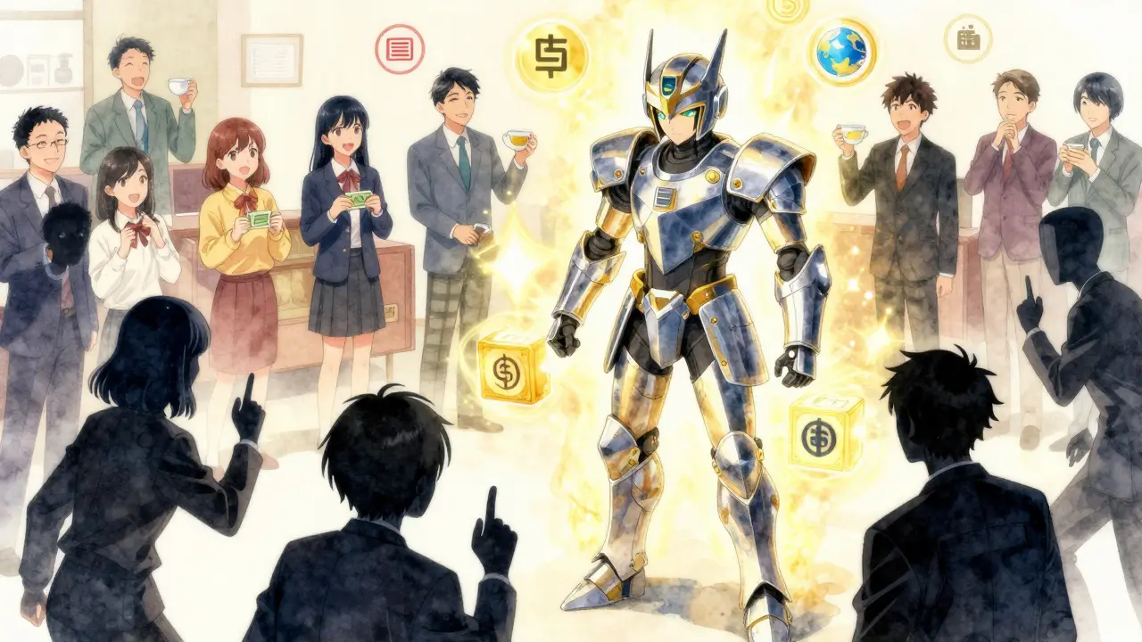 A blockchain guardian defends a tamper-proof ledger from fraud shadows, while happy customers receive instant payouts.