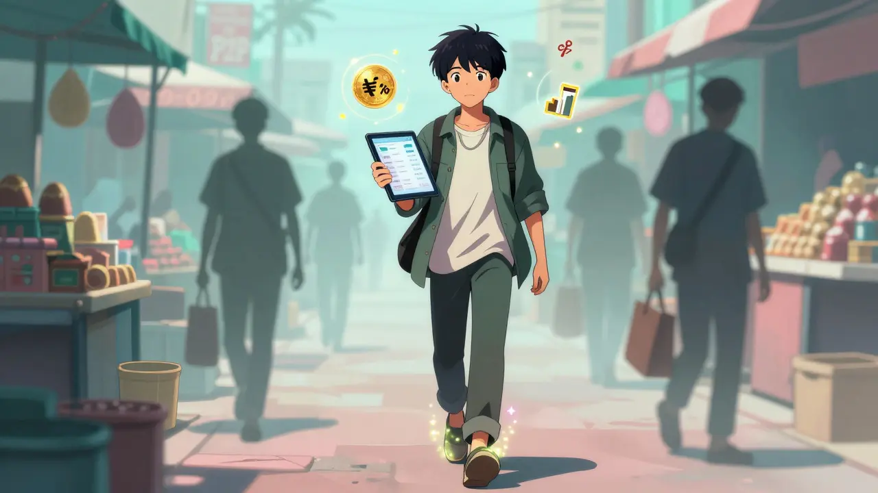 A boy walking through a market with crypto transaction history, shadowy unlicensed traders fading behind him.