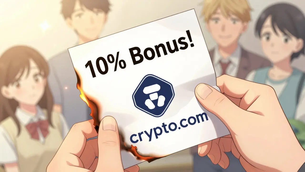 A burning flyer reveals the logo of a real exchange beneath, while calm users smile in the background.