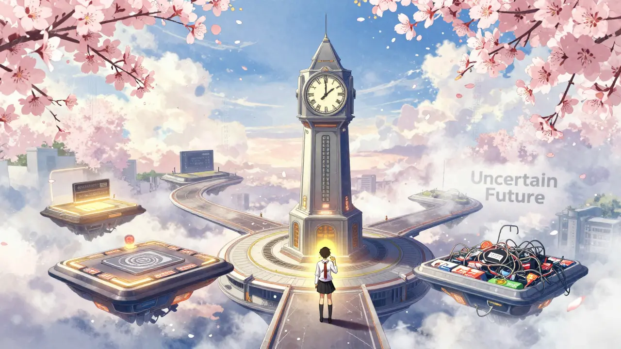 A clocktower in Hanoi ticking toward 2030, with three paths diverging—licensed, unlicensed, and uncertain future—under falling digital petals.